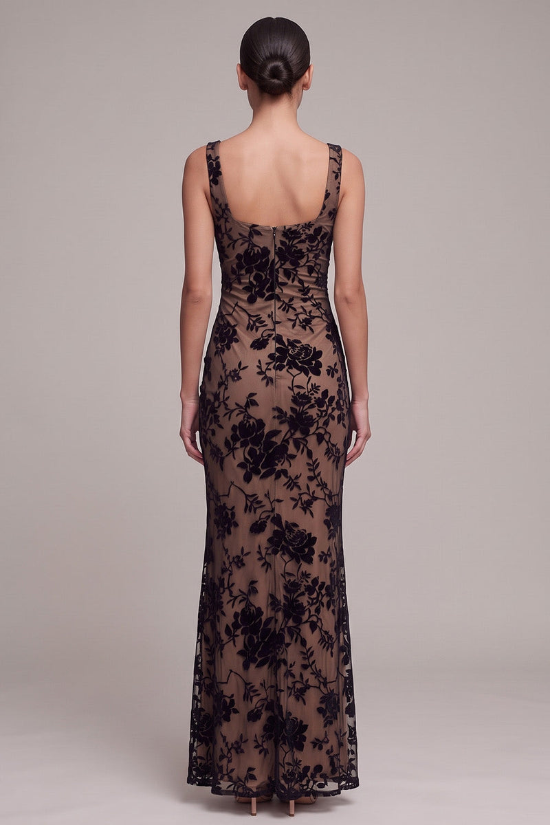 Load image into Gallery viewer, Floral Coffee Mermaid Square Neck Long Formal Dress
