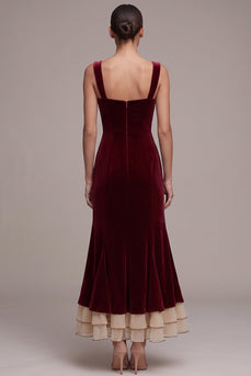 Mermaid Burgundy Ruffled Velvet Long Formal Dress with Bows