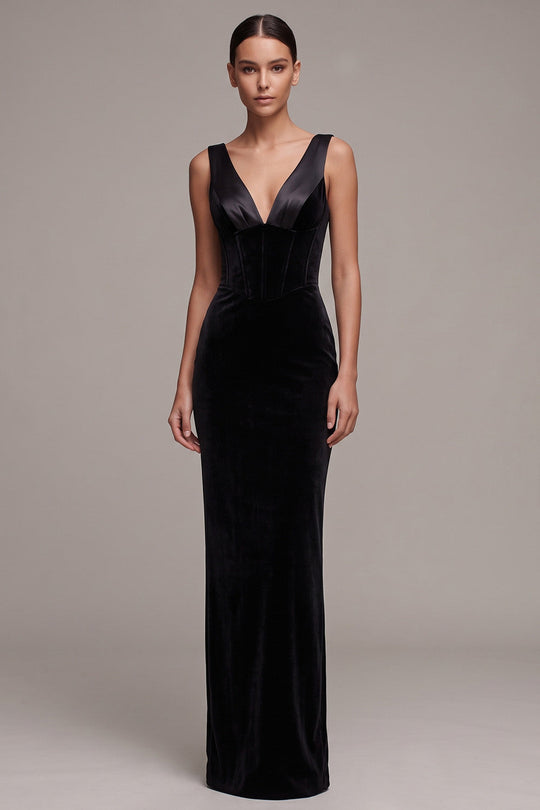 Corset Black Sheath V-Neck Velvet Long Formal Dress