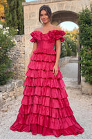 Load image into Gallery viewer, Fuchsia Corset A Line Ruffled Off the Shoulder Tiered Long Prom Dress