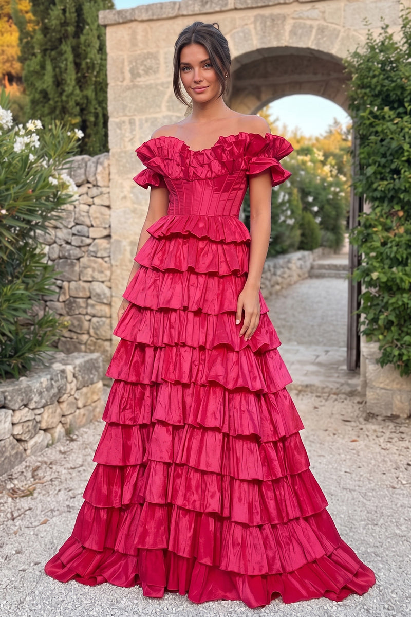 Load image into Gallery viewer, Fuchsia Corset A Line Ruffled Off the Shoulder Tiered Long Prom Dress