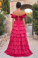 Load image into Gallery viewer, Fuchsia Corset A Line Ruffled Off the Shoulder Tiered Long Prom Dress