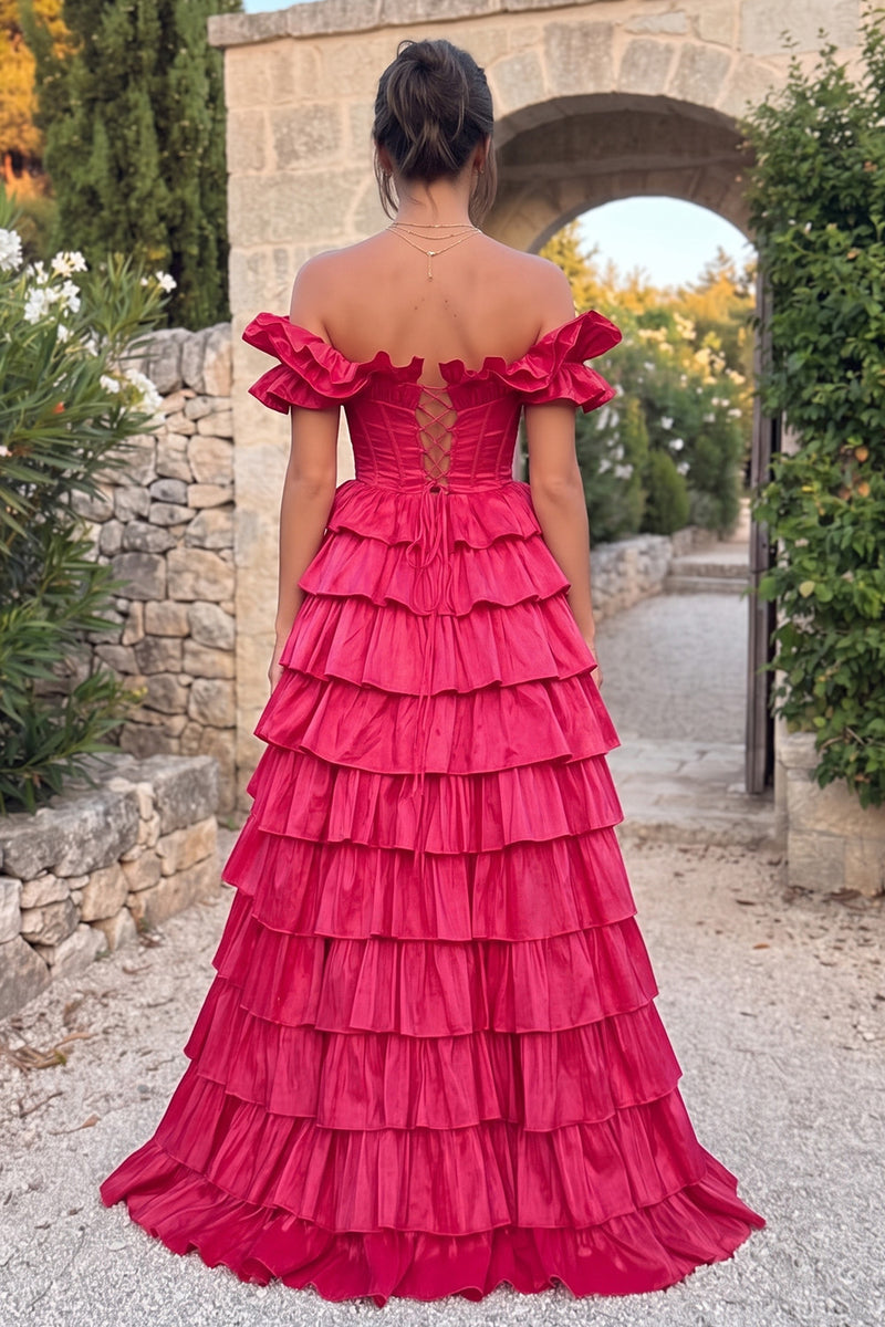 Load image into Gallery viewer, Fuchsia Corset A Line Ruffled Off the Shoulder Tiered Long Prom Dress