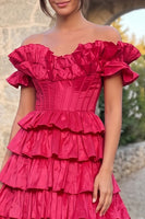 Load image into Gallery viewer, Fuchsia Corset A Line Ruffled Off the Shoulder Tiered Long Prom Dress