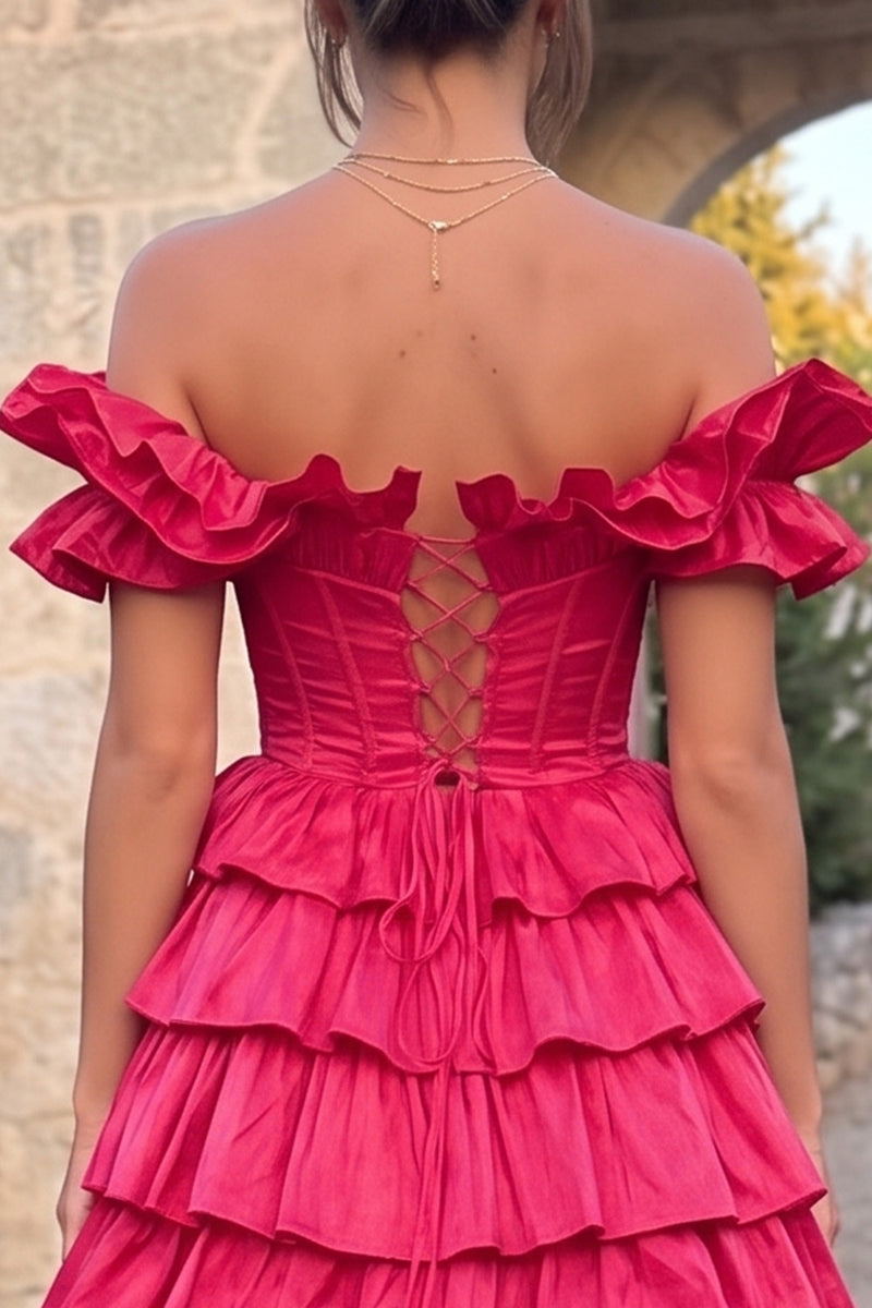 Load image into Gallery viewer, Fuchsia Corset A Line Ruffled Off the Shoulder Tiered Long Prom Dress
