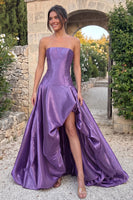 Load image into Gallery viewer, Purple A-Line Strapless Bubble High-Low Prom Dress with Slit