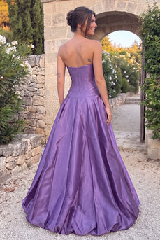 Purple A-Line Strapless Bubble High-Low Prom Dress with Slit