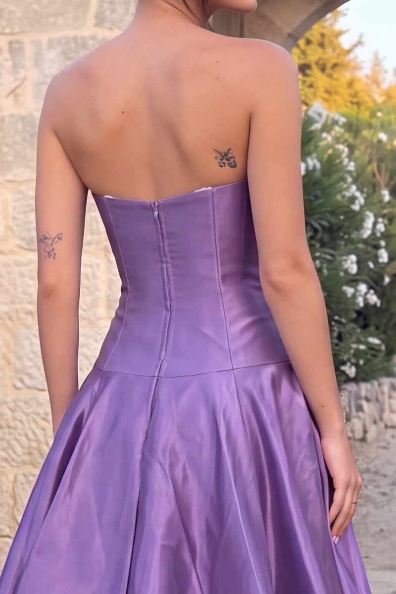 Load image into Gallery viewer, Purple A-Line Strapless Bubble High-Low Prom Dress with Slit
