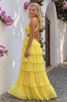 Load image into Gallery viewer, Yellow V-Neck A Line Cut Out Ruffled Long Prom Dress
