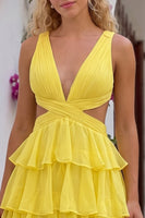 Load image into Gallery viewer, Yellow V-Neck A Line Cut Out Ruffled Long Prom Dress