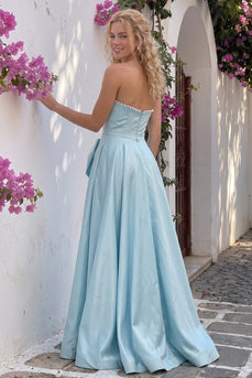 Aqua Strapless A-Line Satin Long Prom Dress with Bow