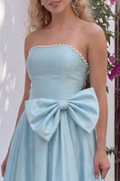 Load image into Gallery viewer, Aqua Strapless A-Line Satin Long Prom Dress with Bow
