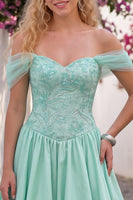 Load image into Gallery viewer, Mint Green A-Line Sparkly Beaded Off the Shoulder Long Prom Dress