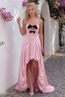 Load image into Gallery viewer, Blush Pink Satin A Line Strapless High-Low Prom Dress with Bow