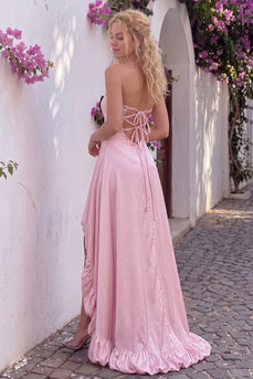 Blush Pink Satin A Line Strapless High-Low Prom Dress with Bow