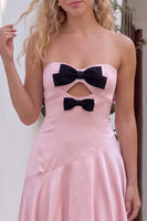 Load image into Gallery viewer, Blush Pink Satin A Line Strapless High-Low Prom Dress with Bow