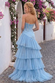 Sparkly Sky Blue Sweetheart Corset Ruffled High-Low Prom Dress with Rhinestone