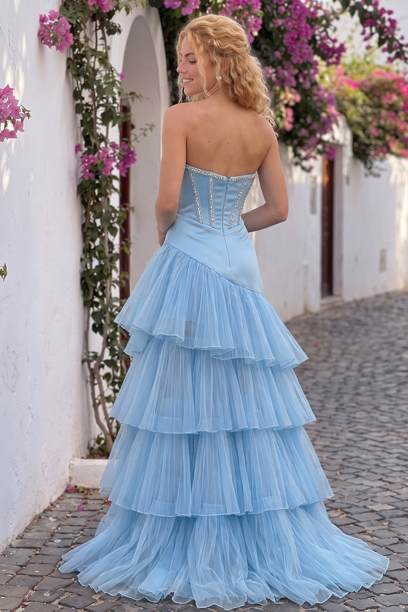 Load image into Gallery viewer, Sparkly Sky Blue Sweetheart Corset Ruffled High-Low Prom Dress with Rhinestone