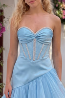 Load image into Gallery viewer, Sparkly Sky Blue Sweetheart Corset Ruffled High-Low Prom Dress with Rhinestone
