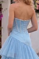 Load image into Gallery viewer, Sparkly Sky Blue Sweetheart Corset Ruffled High-Low Prom Dress with Rhinestone