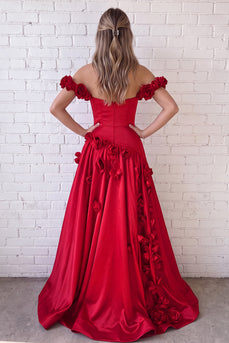 Red A Line Off the Shoulder Long Prom Dress with 3D Flowers