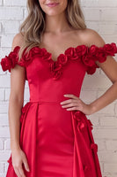 Load image into Gallery viewer, Red A Line Off the Shoulder Long Prom Dress with 3D Flowers