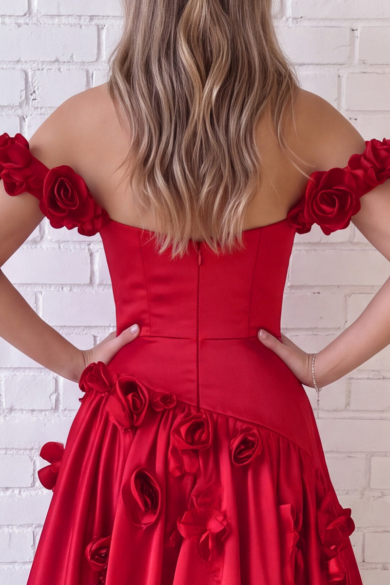 Load image into Gallery viewer, Red A Line Off the Shoulder Long Prom Dress with 3D Flowers
