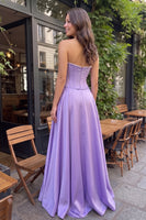 Load image into Gallery viewer, Purple Corset A-Line Satin Sweetheart Long Prom Dress with Pearls