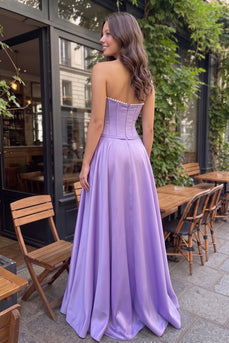 Purple Corset A-Line Satin Sweetheart Long Prom Dress with Pearls