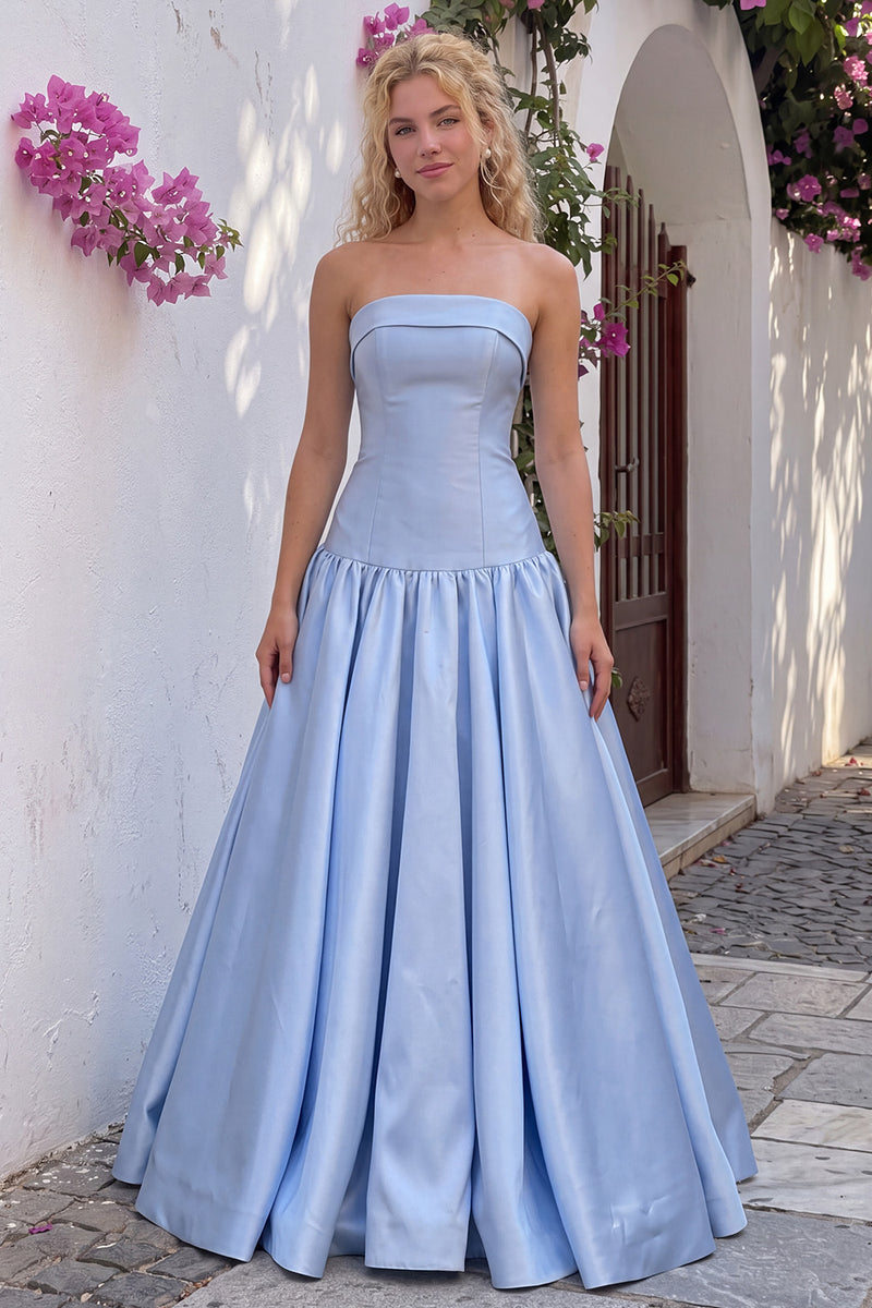 Queendancer Women Light Blue Satin Long Prom Dress A Line Strapless ...