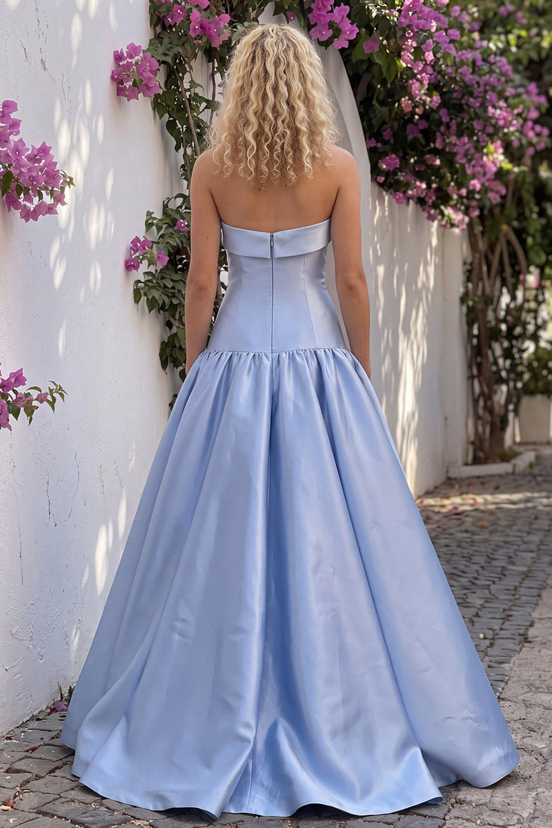 Load image into Gallery viewer, Light Blue Satin A-Line Strapless Long Prom Dress