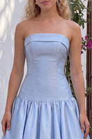 Load image into Gallery viewer, Light Blue Satin A-Line Strapless Long Prom Dress