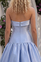 Load image into Gallery viewer, Light Blue Satin A-Line Strapless Long Prom Dress