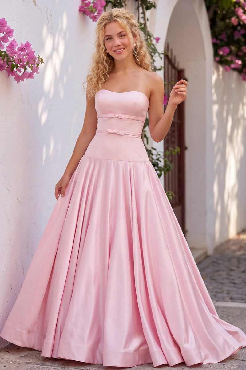 Load image into Gallery viewer, Light Pink Sweetheart Satin A-Line Long Prom Dress with Bow