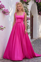Load image into Gallery viewer, A-Line Fuchsia Square Neck Satin Long Prom Dress with Bow