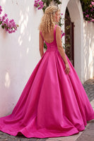 Load image into Gallery viewer, A-Line Fuchsia Square Neck Satin Long Prom Dress with Bow