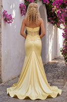 Load image into Gallery viewer, Light Yellow Corset Ruched Beaded Mermaid Sweetheart Long Prom Dress with Slit
