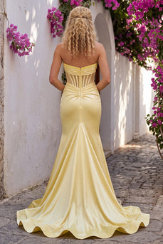 Light Yellow Corset Ruched Beaded Mermaid Sweetheart Long Prom Dress with Slit