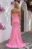 Load image into Gallery viewer, Beaded Pink Corset Ruched Mermaid Long Prom Dress with Slit