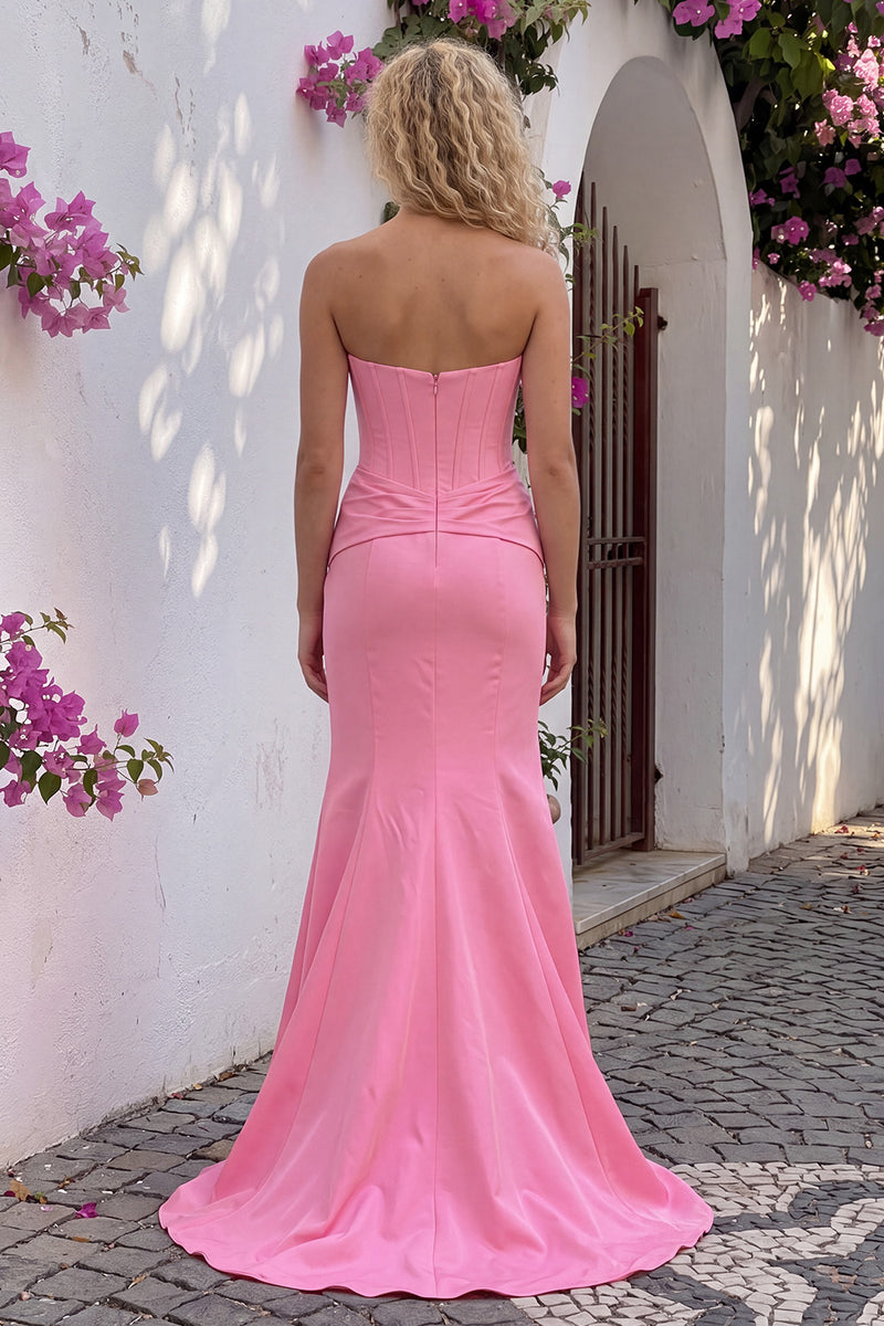Queendancer Women Sparkly Pink Beaded Satin Corset Long Prom Dress with ...