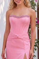 Load image into Gallery viewer, Beaded Pink Corset Ruched Mermaid Long Prom Dress with Slit