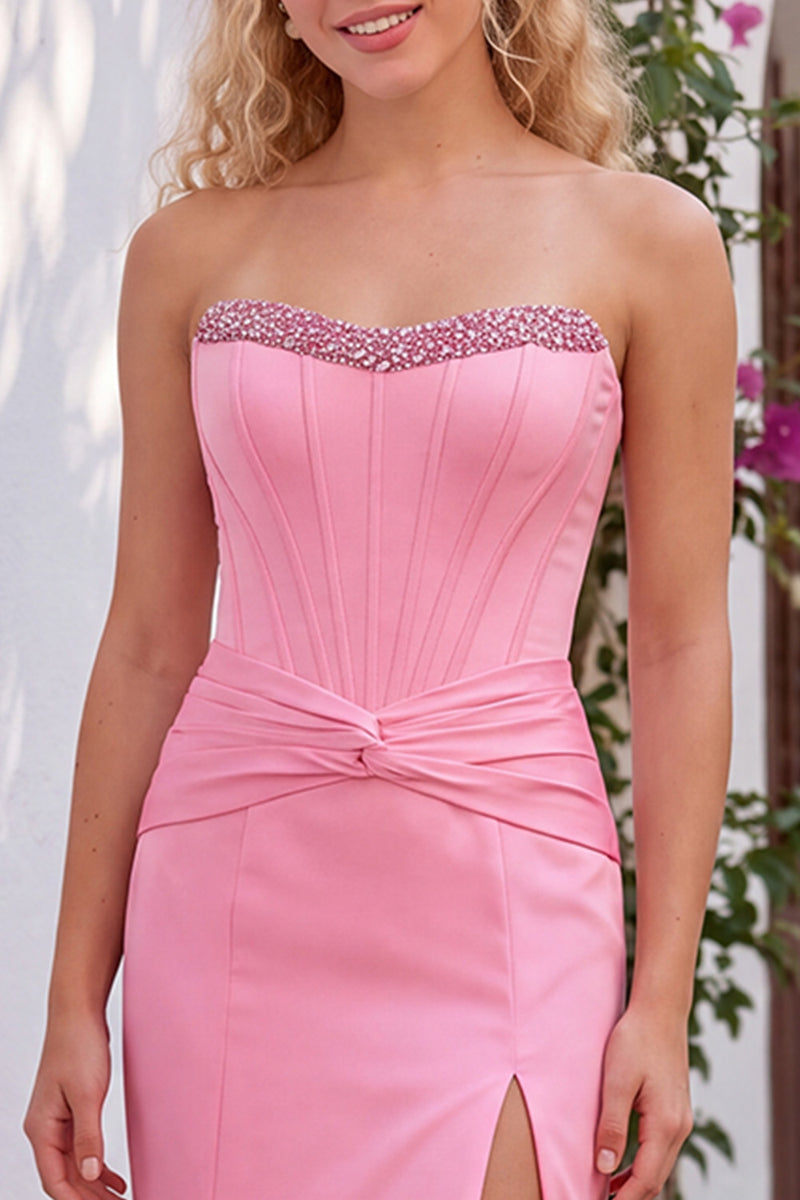 Load image into Gallery viewer, Beaded Pink Corset Ruched Mermaid Long Prom Dress with Slit