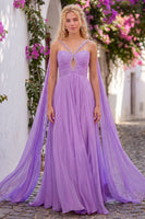 Load image into Gallery viewer, Pleated Lilac Beaded A-Line Ruched Long Prom Dress with Keyhole