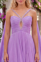 Load image into Gallery viewer, Pleated Lilac Beaded A-Line Ruched Long Prom Dress with Keyhole