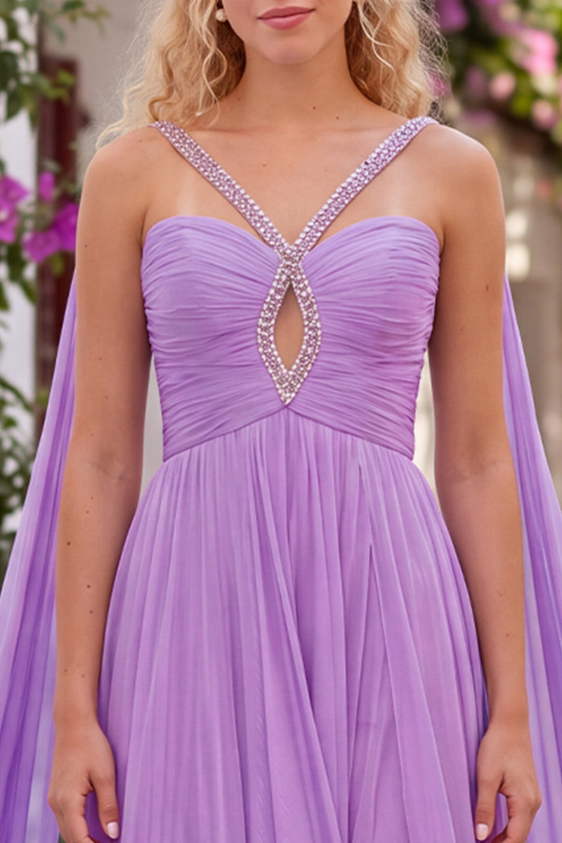 Load image into Gallery viewer, Pleated Lilac Beaded A-Line Ruched Long Prom Dress with Keyhole