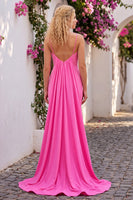 Load image into Gallery viewer, Sparkly Fuchsia Beaded Spaghetti Straps Mermaid Long Prom Dress with Cape