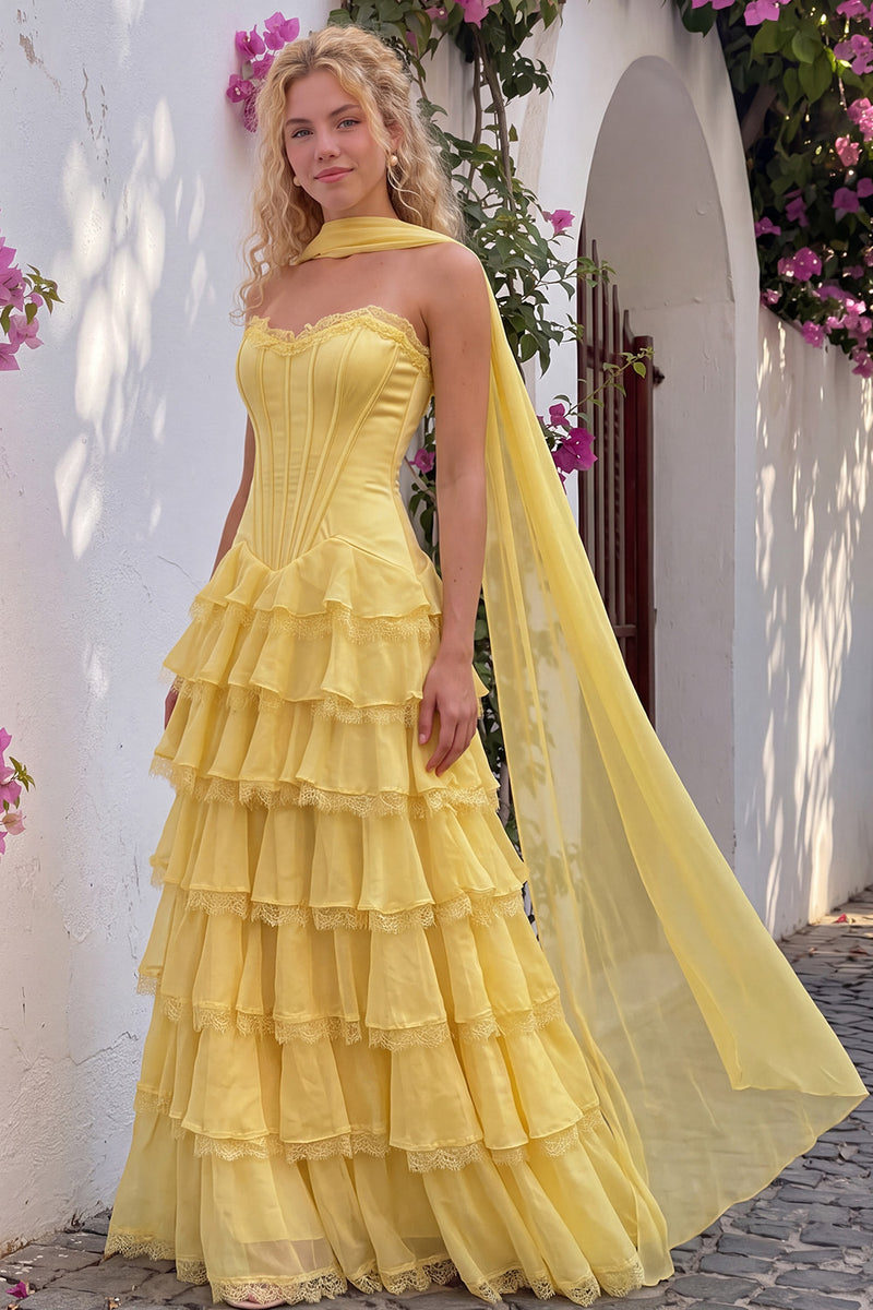 Load image into Gallery viewer, Corset Yellow A Line Sweetheart Ruffled Long Prom Dress with Neck Scarf