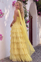 Load image into Gallery viewer, Corset Yellow A Line Sweetheart Ruffled Long Prom Dress with Neck Scarf