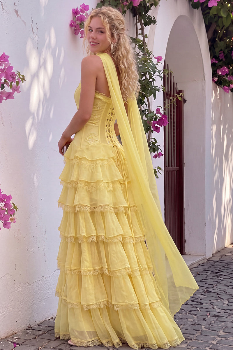 Load image into Gallery viewer, Corset Yellow A Line Sweetheart Ruffled Long Prom Dress with Neck Scarf