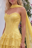 Load image into Gallery viewer, Corset Yellow A Line Sweetheart Ruffled Long Prom Dress with Neck Scarf
